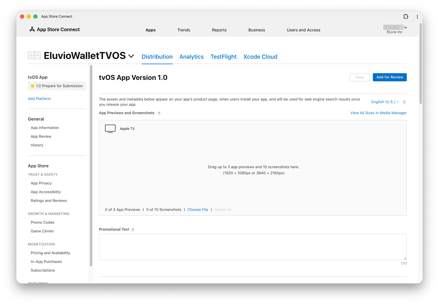 The version page, with the screenshot drop zone and Promotional Text