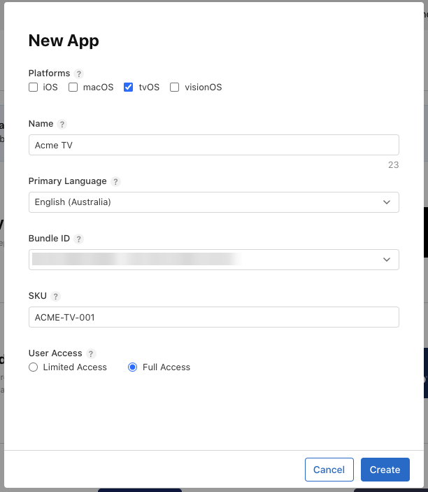 The New App dialog, filled in for a tvOS app